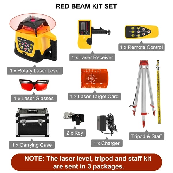 Rotary Laser Level, Självnivellerande, 500m Mätområde,Röd Stråle Kit Set 1