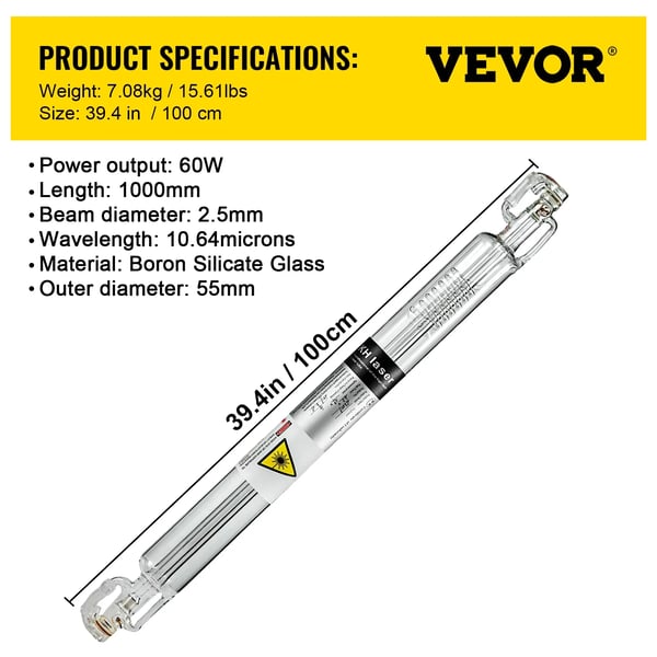 CO2 Laser Rør, Holdbart Glas, Høj Ydelse,60W 1000mm