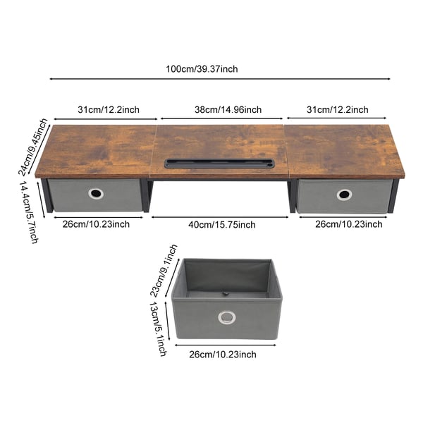 Monitorstand, Ergonomisk Design, Dobbelt Opbevaringsskuffer,Brun