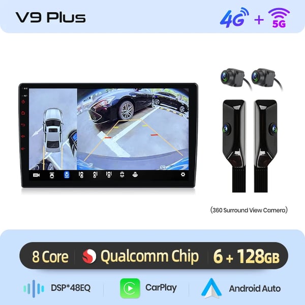 Multimedia-autostereot, kosketusnäyttö, yhteensopiva Toyota Avensis 2018-2020 kanssa, V9 Plus (6GB 128GB) + 360° kamera (musta)