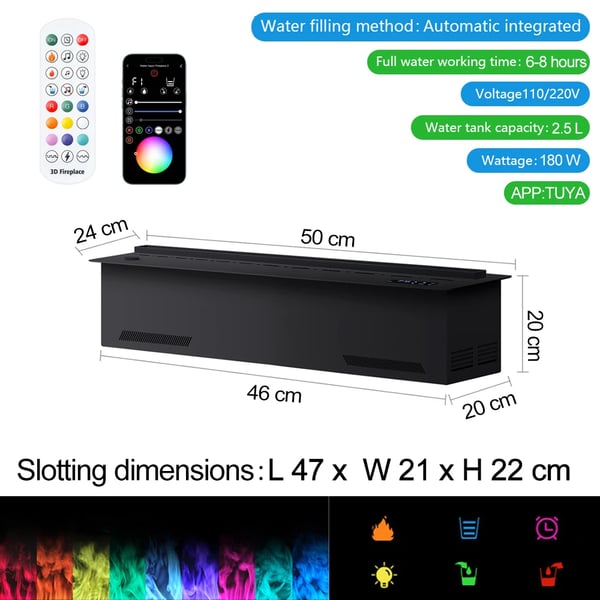 Älykäs sähköinen takka, simuloitu värillinen LED, ympäristöystävällinen muotoilu, realistiset liekkiefektit,500mm 19.68in, APP värikkäät liekit