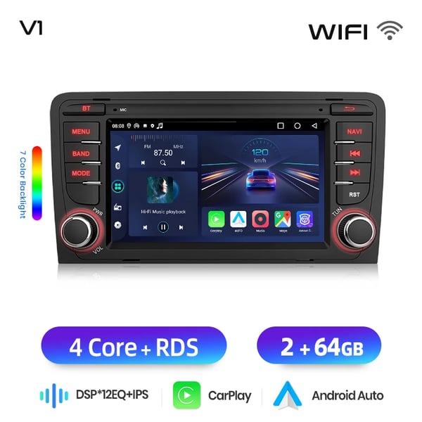 Carplay, 7-tuumainen näyttö, Android Auto ja CarPlay, yhteensopivuus Audi A3 8P S3 2003-2012 kanssa,V1 (2G 64G)