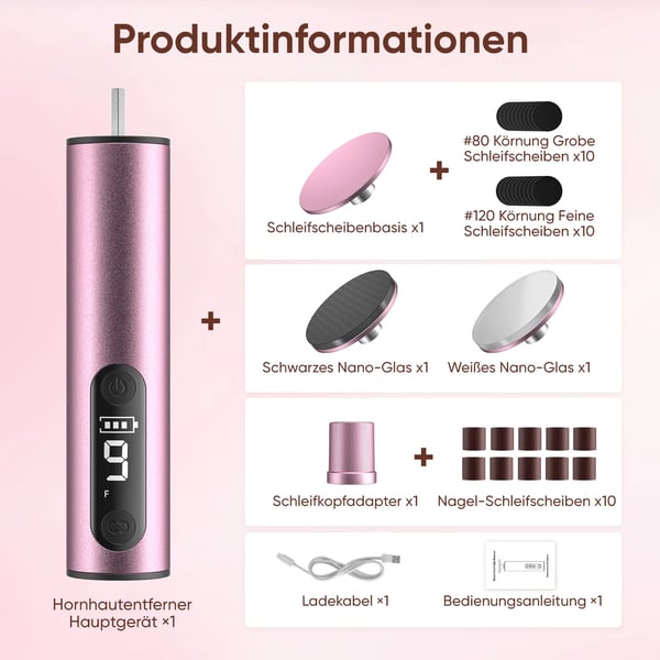 Jalkojen kovettumien poistaja, Säädettävät nopeudet, USB-ladattava, Pinkki