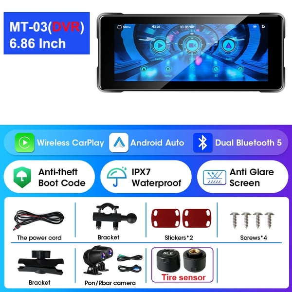 Moottoripyörämonitori, langaton CarPlay, HD DVR -tuki,MT03 DVR