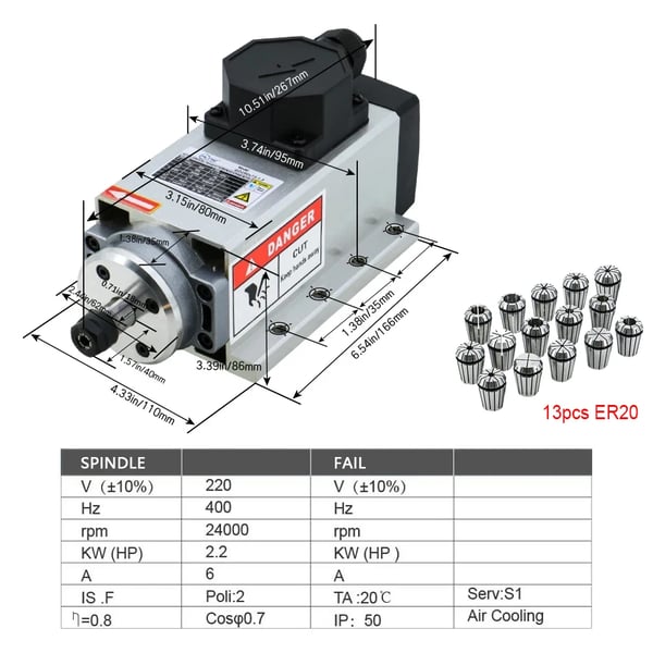 CNC-akselimoottori, 24000 RPM, Ilmanjäähdytysjärjestelmä,2.2KW Liitospurkki