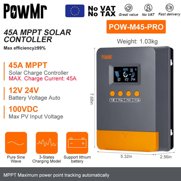 Aurinkosäädin, MPPT-tekniikka, Korkea hyötysuhde, 12V/24V, MPPT 45A