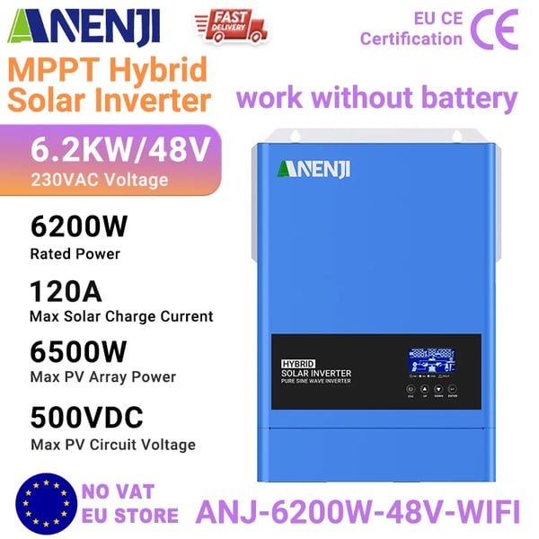 Hybrid sol inverter, nettilsluttet og off-grid brug, ren sinuskurve teknologi,ANJ-6200W 48V WIFI