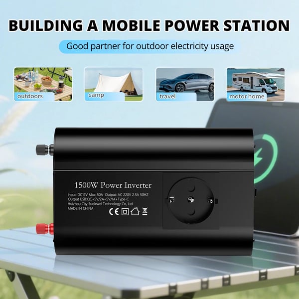 Bilens strömväxlare, DC 12V till AC 220V, Smart display,12V 1500W