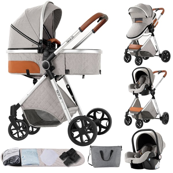 Barnvagn, 3-i-1-design, lätt och kompakt, Silverdimma