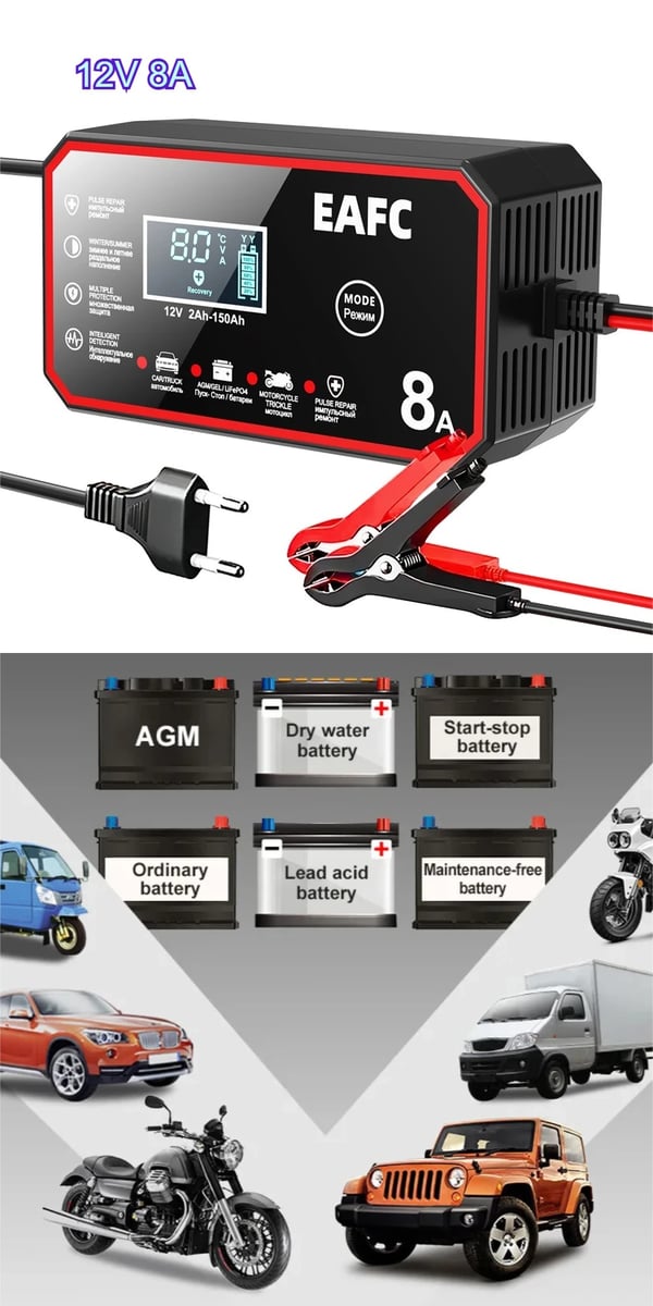Bilbatterioplader, Intelligent Opladningssystem, LCD Skærm,12V 8A EU stik