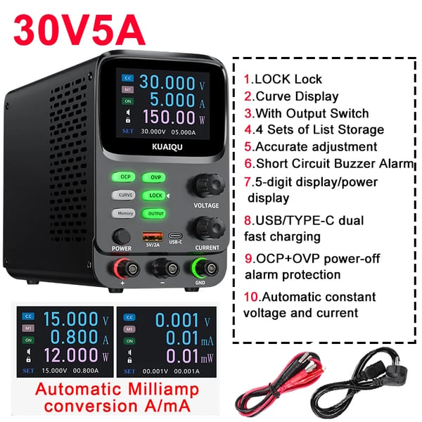 Justerbar Strømforsyning, Dobbelt Kurvefunktion, 5-Cifret Display,220V EU STIK-a, 30V 5A
