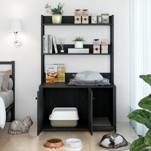 Kattebakke Indhegning, Skjult Design, Multifunktionel Opbevaring,sort