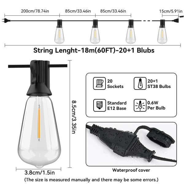 Ulkoilma Garlandi Valosarja, 48 LED, Vesitiivis Suunnittelu,EU Plug, 60FT 20LED