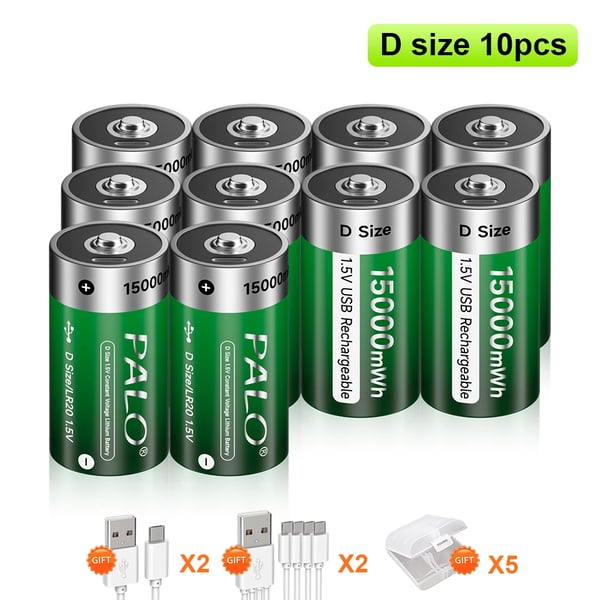 Uudelleenladattava D-kokoinen paristo, USB-kaapeli lataus, Li-ion-paristot,10PCS Akut