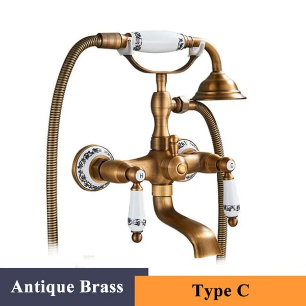 Badkar Duschkran, Dubbelhandtag, Väggmonterad,Antik mässing C