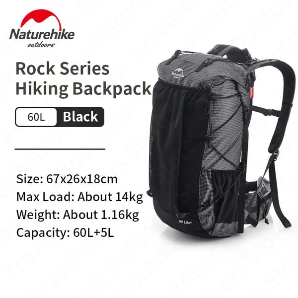 Hiking Rygsæk, Letvægtsdesign, Rivbestandigt Stof,60L sort