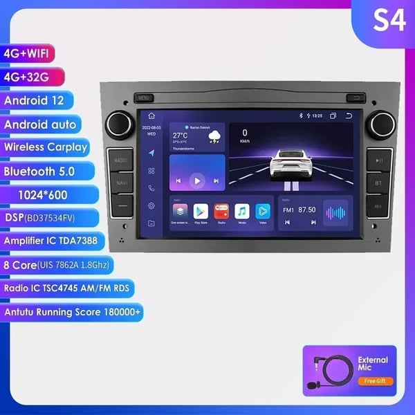 Bilradio Stereo, 128GB ROM, Android 12 OS,S4 Grå