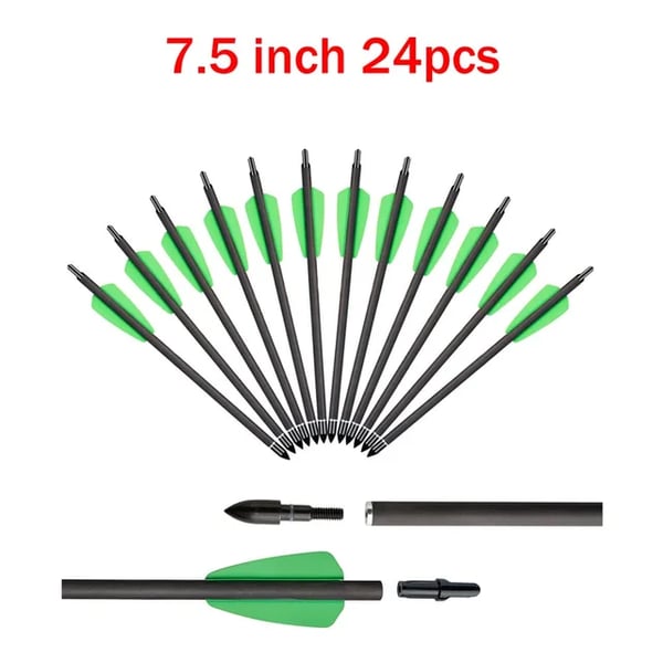 Hiilikuituinen ristipyssyn nuoli, 75/15 tuumaa, 2 sulkaa, , 7.5inch 24pcs green