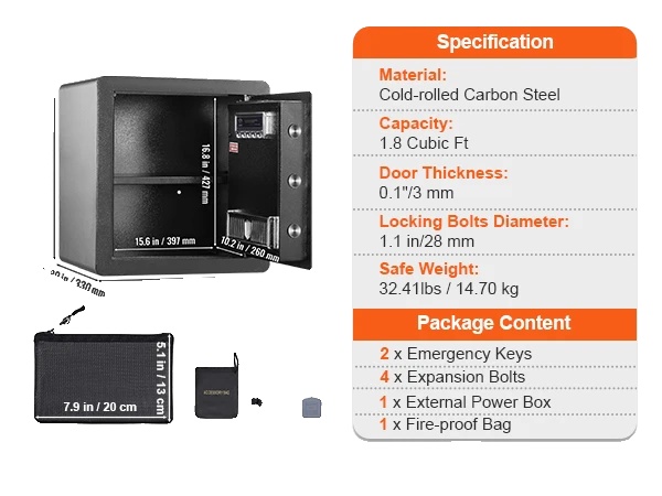 Sikkerhedsskab, Fingeraftryksadgang, Dobbelt Alarm System,1.8 Kubikfod