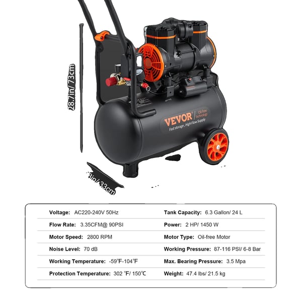 VEVOR Stille Luftkompressor, 9,3 Gallon Kapacitet, 2,5 HK Effekt,24L 1450W