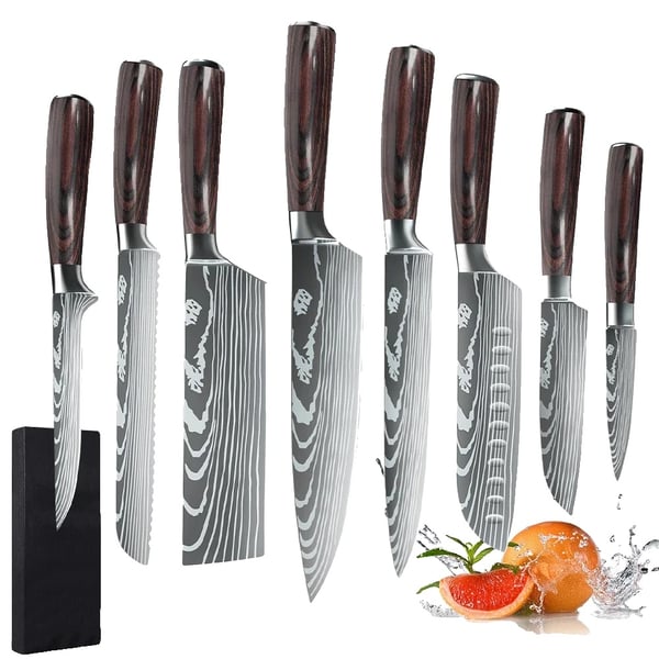 Köksknivset, 7CR17 rostfritt stål, ergonomiskt Pakka-trähandtag, 8ST