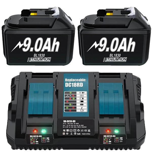 Ersättningsbatteri, 18V 9000mAh kapacitet, kompatibel med flera modeller, 2 batterier 1 laddare Ersättningsbatteri, 18V 9000mAh kapacitet, kompatibel med flera modeller, 2 batterier 1 laddare