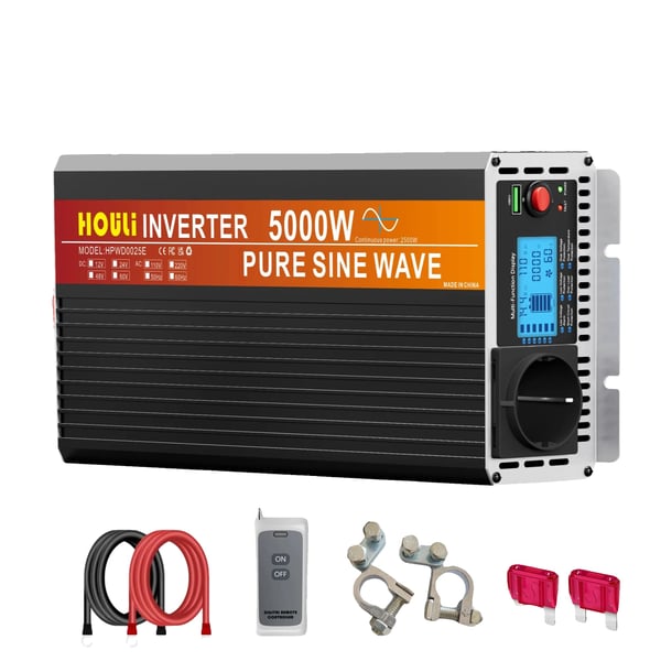 Strømomformer, 12V til 220V konvertering, fjernbetjeningsfunktioner,5000W, 12V, 220-230V