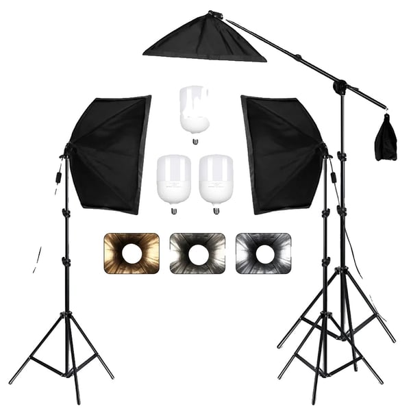 Softbox-valosarja, 135W hehkulamput, 50x70 cm softboxit, 3kpl 2-värisiä hehkulamppuja