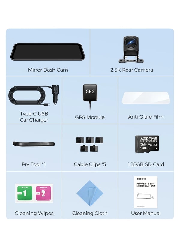 Dash Cam, 4K Opløsning, Dual HDR, NightShot Funktion,PG17 Pro, AZDOME Kort 128GB