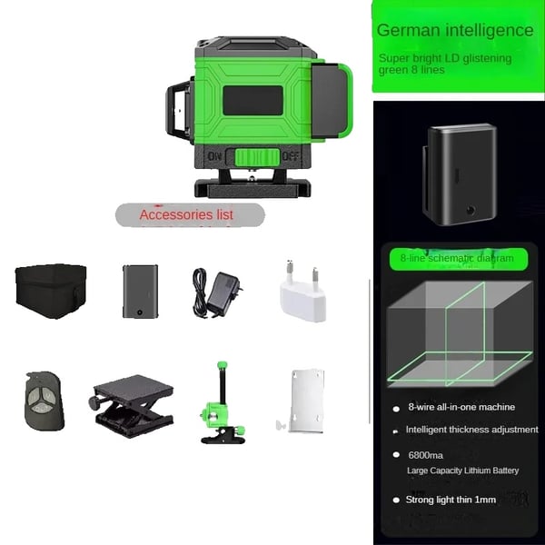 Lasernivå, 3x360 grön stråle, IP54 vattentät, 8 rader Lasernivå, 3x360 grön stråle, IP54 vattentät, 8 rader