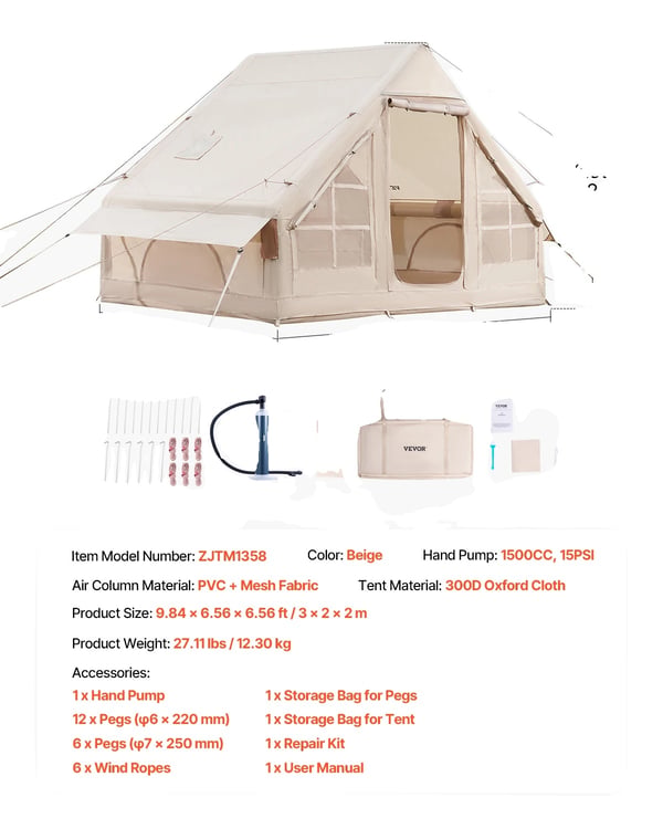 VEVOR Uppblåsbar Tält, Rymlig 3x2m Design, Hållbar 300D Oxford Tyg,3x2.1m