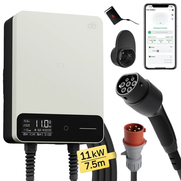 Sähköauton laturi, 11 kW maksimiteho, sovellusohjaus, TYPE2, 11 kW 7,5 m valkoinen