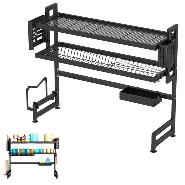 Opvaskestativ, Pladsbesparende Design, Rustbestandigt Materiale,sort, 2-niveau, L Opvaskestativ, Pladsbesparende Design, Rustbestandigt Materiale,sort, 2-niveau, L