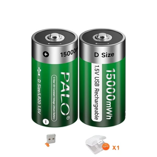 Ladattava D-kokoinen akku, Type-C USB-lataus, Li-ion, 2 vihreää akkua