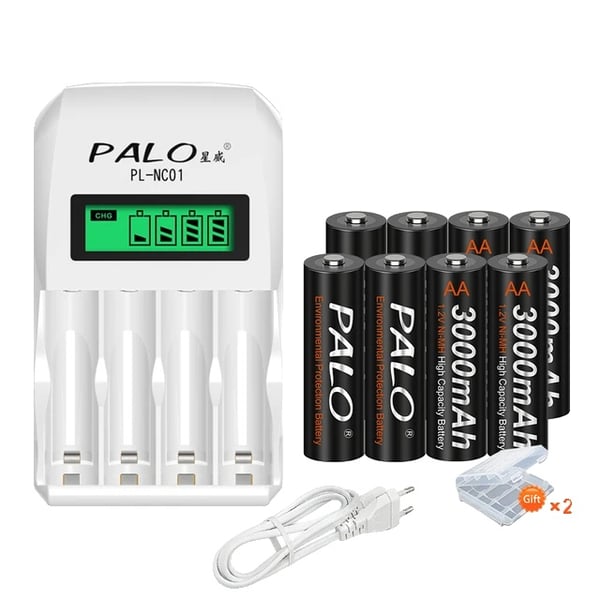 Ladattavat AA-paristot, 3000 mAh kapasiteetti, pitkäkestoinen suorituskyky, 1,2 V-d, 8 AA ja laturi Ladattavat AA-paristot, 3000 mAh kapasiteetti, pitkäkestoinen suorituskyky, 1,2 V-d, 8 AA ja laturi