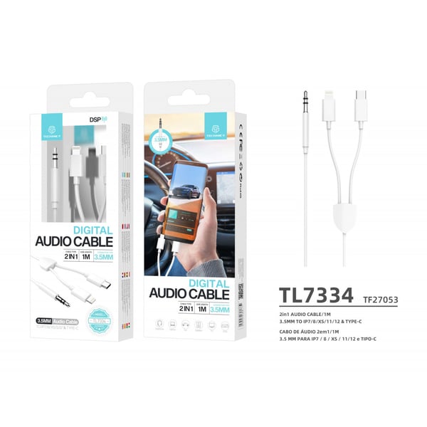 Högkvalitativ Ljudöverföring - Lightning/Typ-C/ 3.5mm Audio Kabel Adapter, 1M Vit