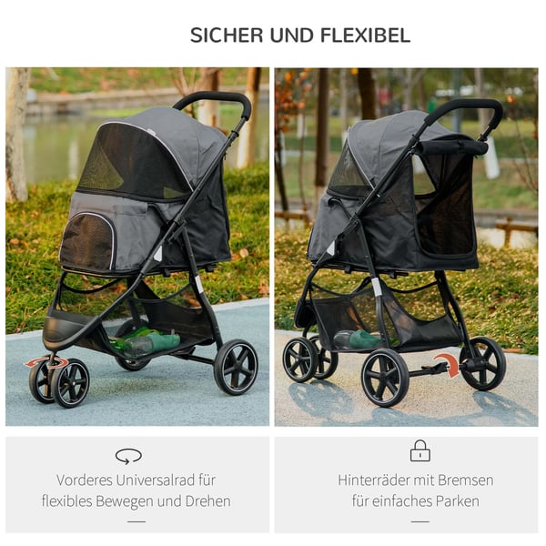 Kæledyrsvogn til Små Hunde - Sammenklappelig, med Regnslag og Opbevaring, Grå Oxford & EVA, Maks. 15 kg