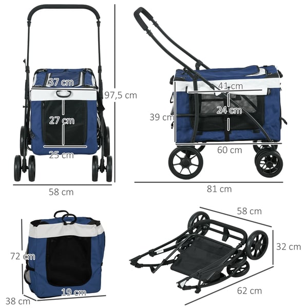 PawHut 2in1 Lemmikkivaunut & Laukku, Kokoontaittuva, Sininen Oxford, Pienille Koirille & Kissoille, 15kg