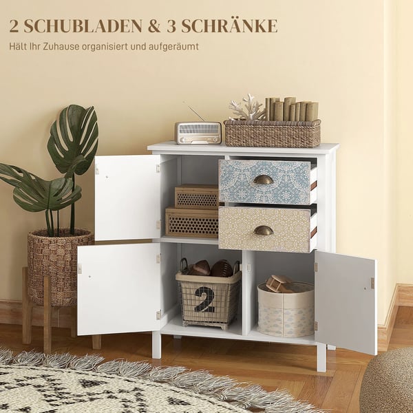 HOMCOM kommode opbevaringsskab 2 skuffer 3 rum væltesikring stue soveværelse hvid 68x34x80cm