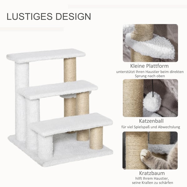 PawHut Kæledyrstrappe med Kradsetræ og Legetøjskugle - 3 Trin Hundetrappe Katte-trappe - Spånplade, Plys, Jute - Hvid 45x40x48 cm