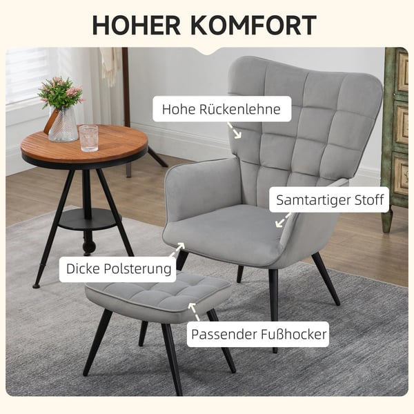 HOMCOM Nojatuolisetti jakkaralla – Samettiverhoiltu lounge-tuoli, vaaleanharmaa, teräsjalat