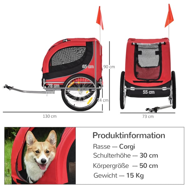 PawHut Cykelanhænger til Hund, Transportvogn til Kæledyr, Rød/Sort, 600D Oxford & Stål, 130 x 73 x 90 cm