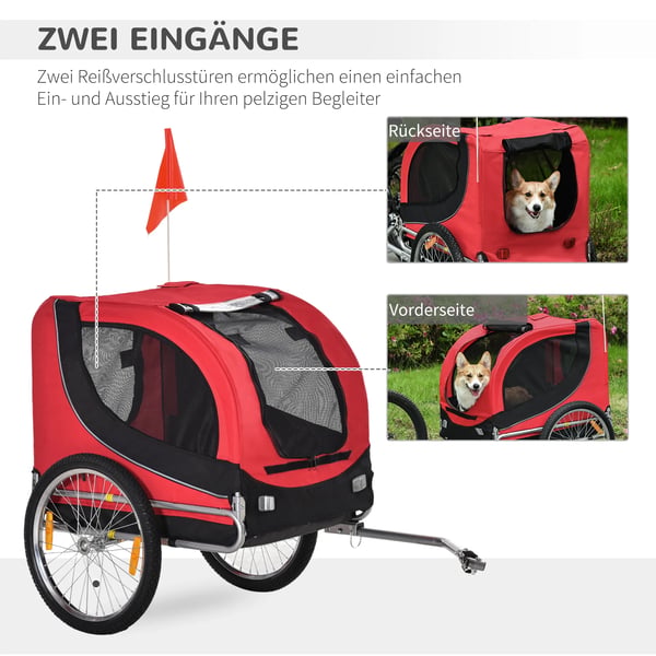 PawHut Cykelanhænger til Hund, Transportvogn til Kæledyr, Rød/Sort, 600D Oxford & Stål, 130 x 73 x 90 cm