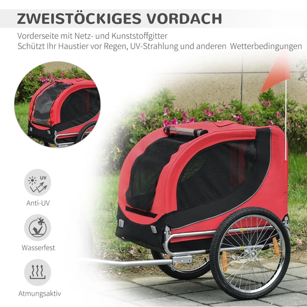 PawHut Cykelanhænger til Hund, Transportvogn til Kæledyr, Rød/Sort, 600D Oxford & Stål, 130 x 73 x 90 cm
