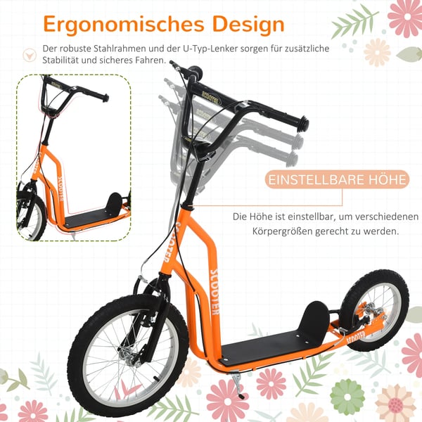 HOMCOM Løbehjuls Scooter til Børn, Orange, 16/12 Tommer Luftgummihjul, Stål/Aluminium/Gummi, 5+ År