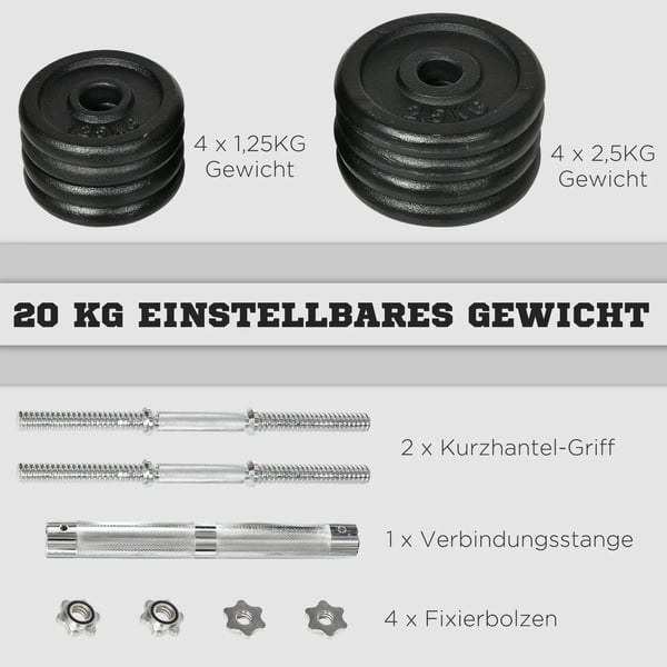 HOMCOM 2-i-1 Håndvægtsæt Justerbart Vægtstangssæt 20 KG, Jern, Sort (Schwarz), Anti-skrid Greb (150 tegn)