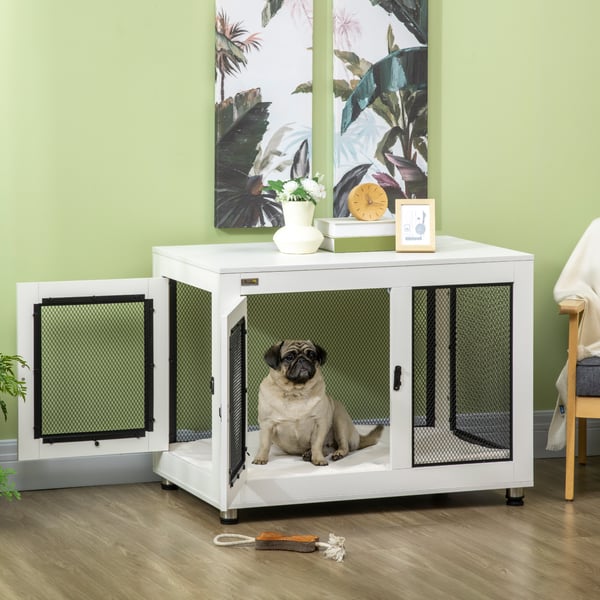 PawHut Hundebur med Bordplade - Hvidt Hundehus i Træ | 94 x 60 x 71,5 cm