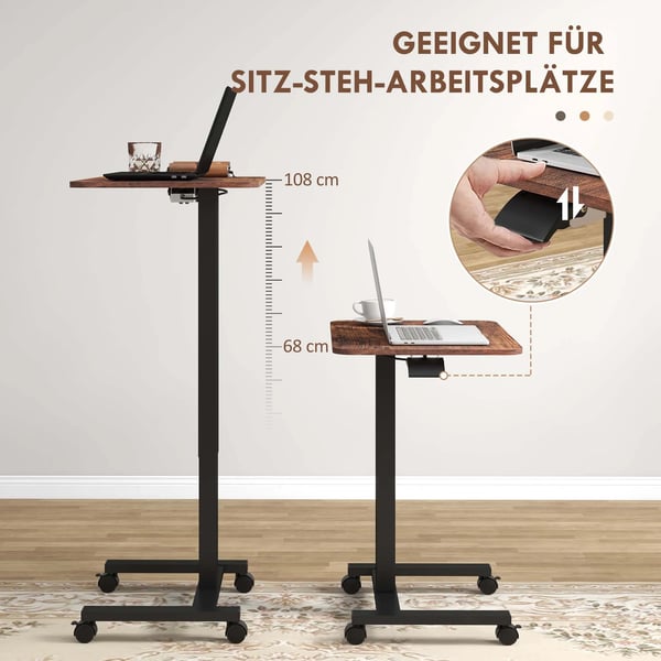Vinsetto Justerbart Skrivebord med Hjul - Rustik Brun (Spånplade & Stål)