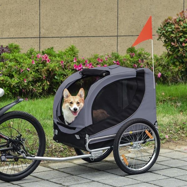 PawHut hundecykelanhænger hundetransport hundecykeltrailer grå+sort 130 x 73 x 90 cm