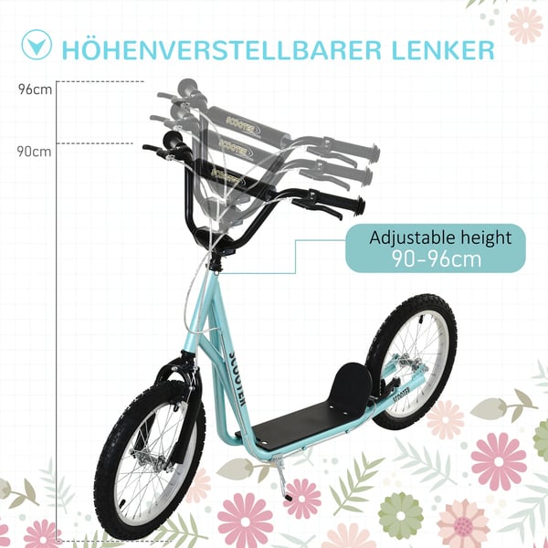 HOMCOM Børnescooter, Foldbar Løbehjul med Luftdæk & Håndbremse, Cityscooter, Eventyr for Børn fra 5 år, Lysblå, 16 tommer Hjul